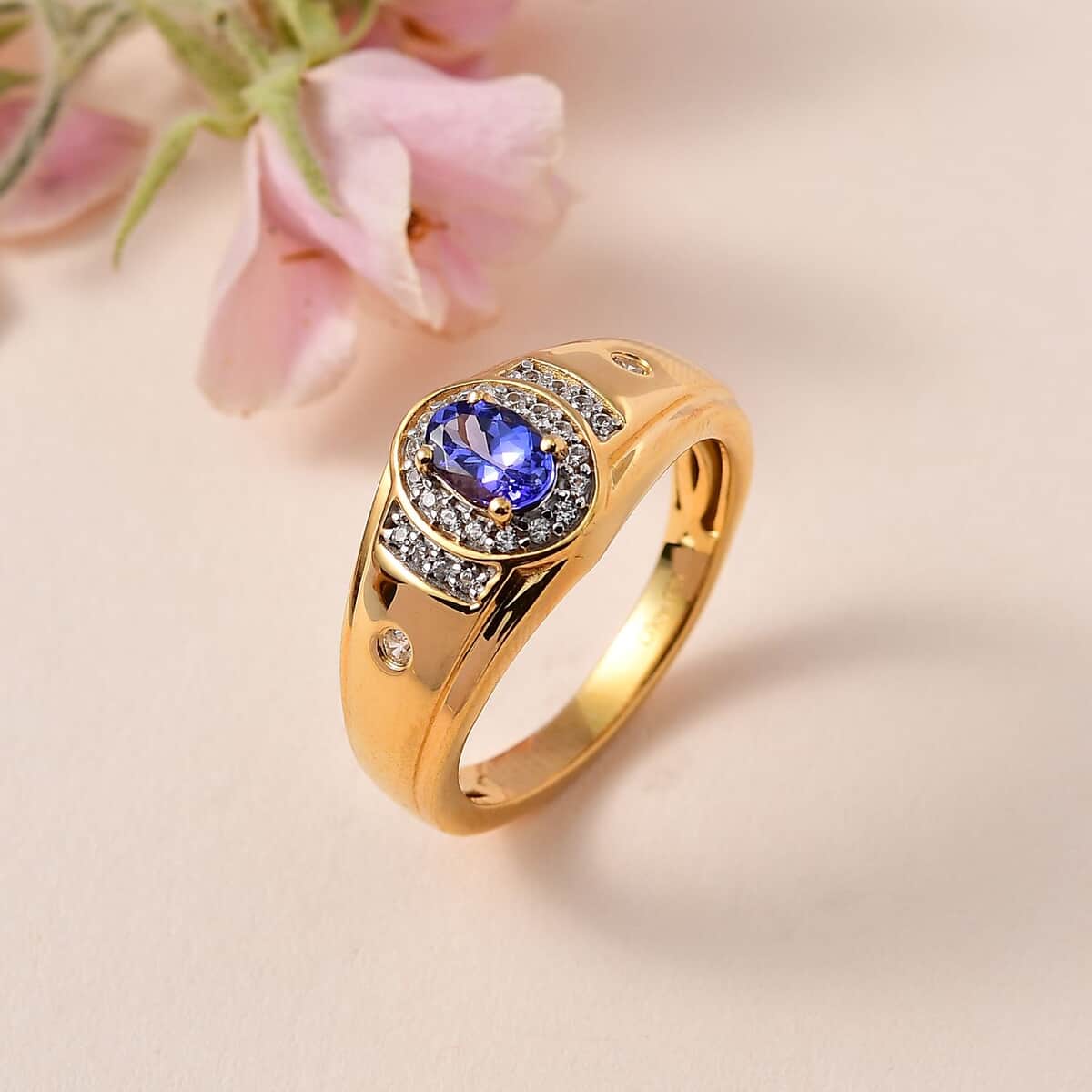 AAA Tanzanite and White Zircon Men's Ring in Vermeil Yellow Gold Over Sterling Silver (Size 12.0) 1.00 ctw image number 1