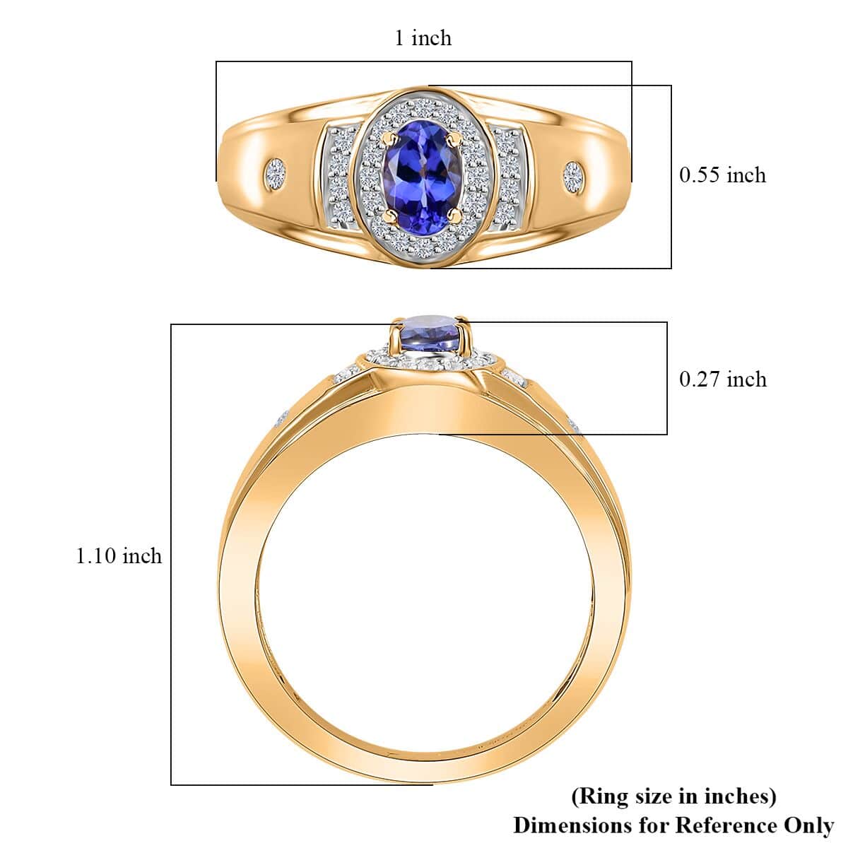 AAA Tanzanite and White Zircon Men's Ring in Vermeil Yellow Gold Over Sterling Silver (Size 12.0) 1.00 ctw image number 5