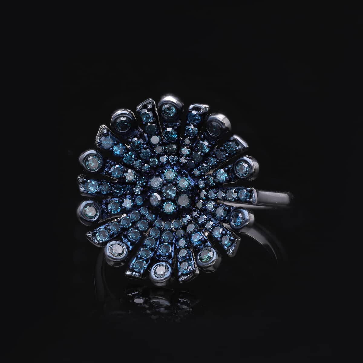 Blue Diamond Floral Ring in Platinum Over Sterling Silver (Size 8.0) 1.00 ctw image number 1
