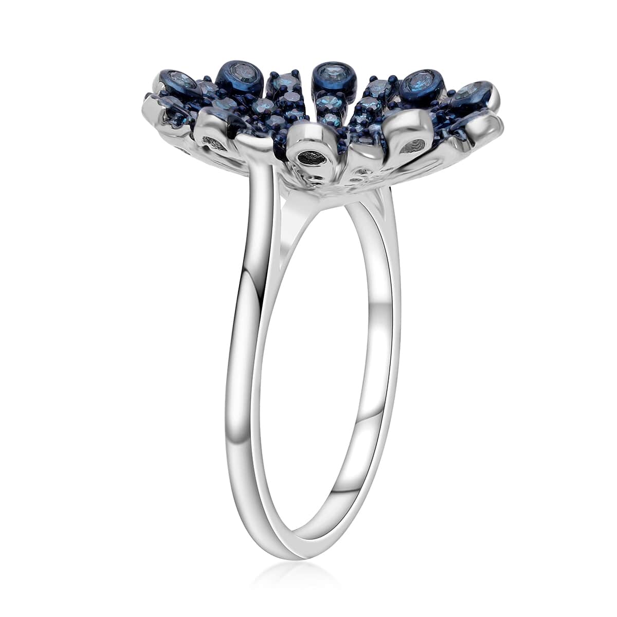 Blue Diamond Floral Ring in Platinum Over Sterling Silver (Size 8.0) 1.00 ctw image number 3