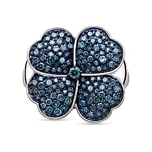 Blue Diamond Leaf Clover Ring in Platinum Over Sterling Silver (Size 8.0) 1.00 ctw