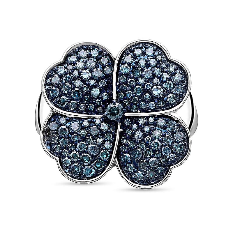 Blue Diamond Leaf Clover Ring in Platinum Over Sterling Silver (Size 8.0) 1.00 ctw