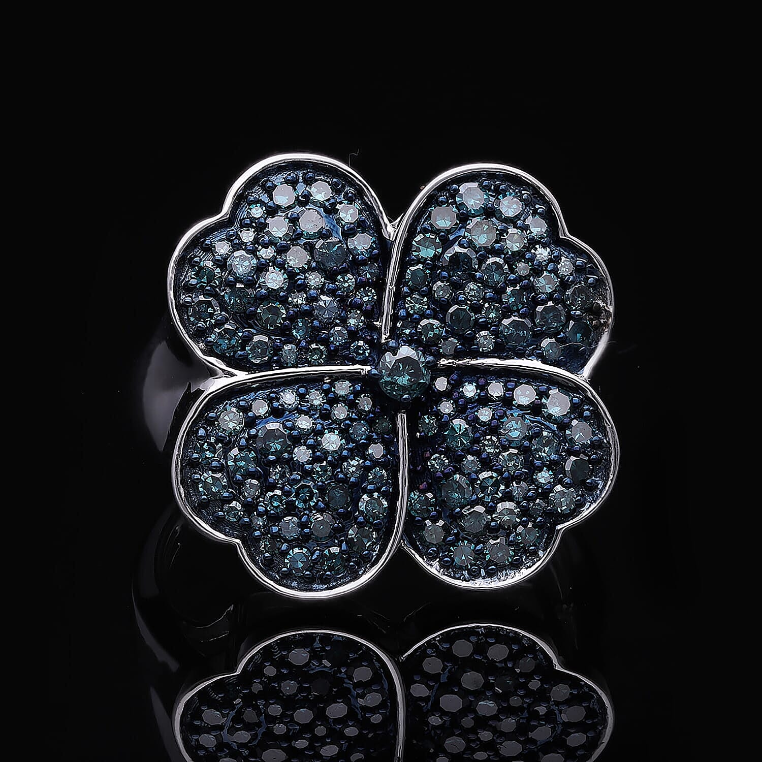 Blue Diamond Leaf Clover Ring in Platinum Over Sterling Silver (Size 8.0) 1.00 ctw
