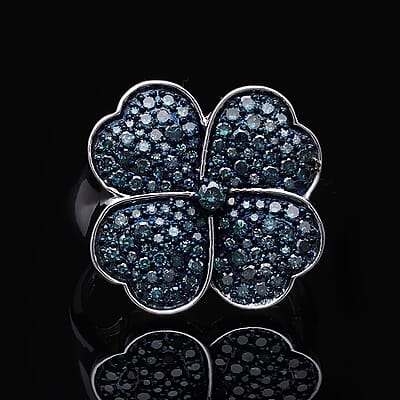 Blue Diamond Leaf Clover Ring in Platinum Over Sterling Silver (Size 8.0) 1.00 ctw