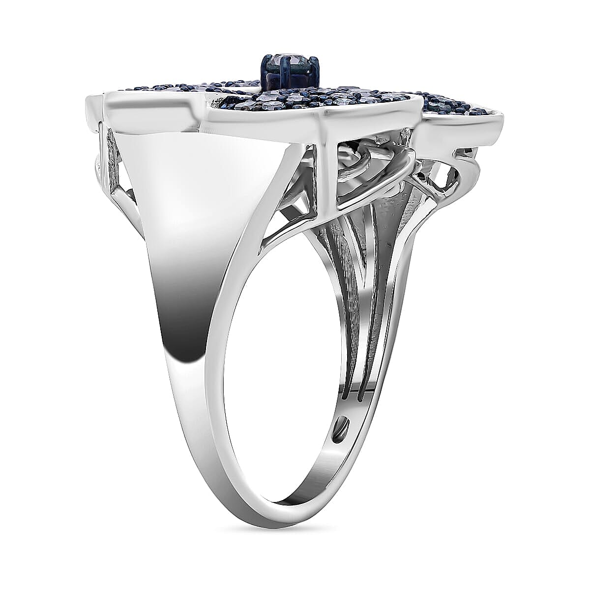 Blue Diamond Leaf Clover Ring in Platinum Over Sterling Silver (Size 8.0) 1.00 ctw