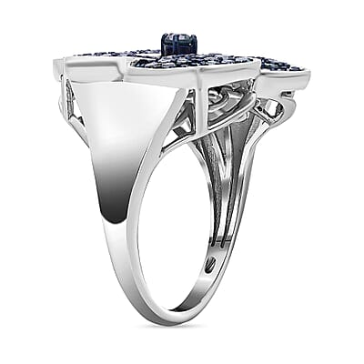 Blue Diamond Leaf Clover Ring in Platinum Over Sterling Silver (Size 8.0) 1.00 ctw