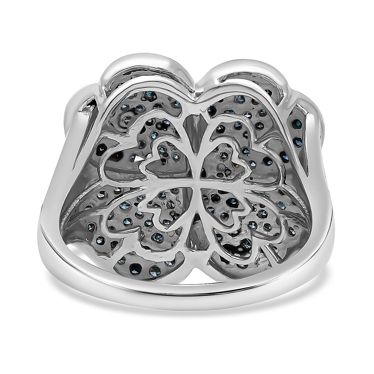 Blue Diamond Leaf Clover Ring in Platinum Over Sterling Silver (Size 8.0) 1.00 ctw