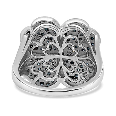 Blue Diamond Leaf Clover Ring in Platinum Over Sterling Silver (Size 8.0) 1.00 ctw