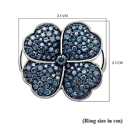 Blue Diamond Leaf Clover Ring in Platinum Over Sterling Silver (Size 8.0) 1.00 ctw