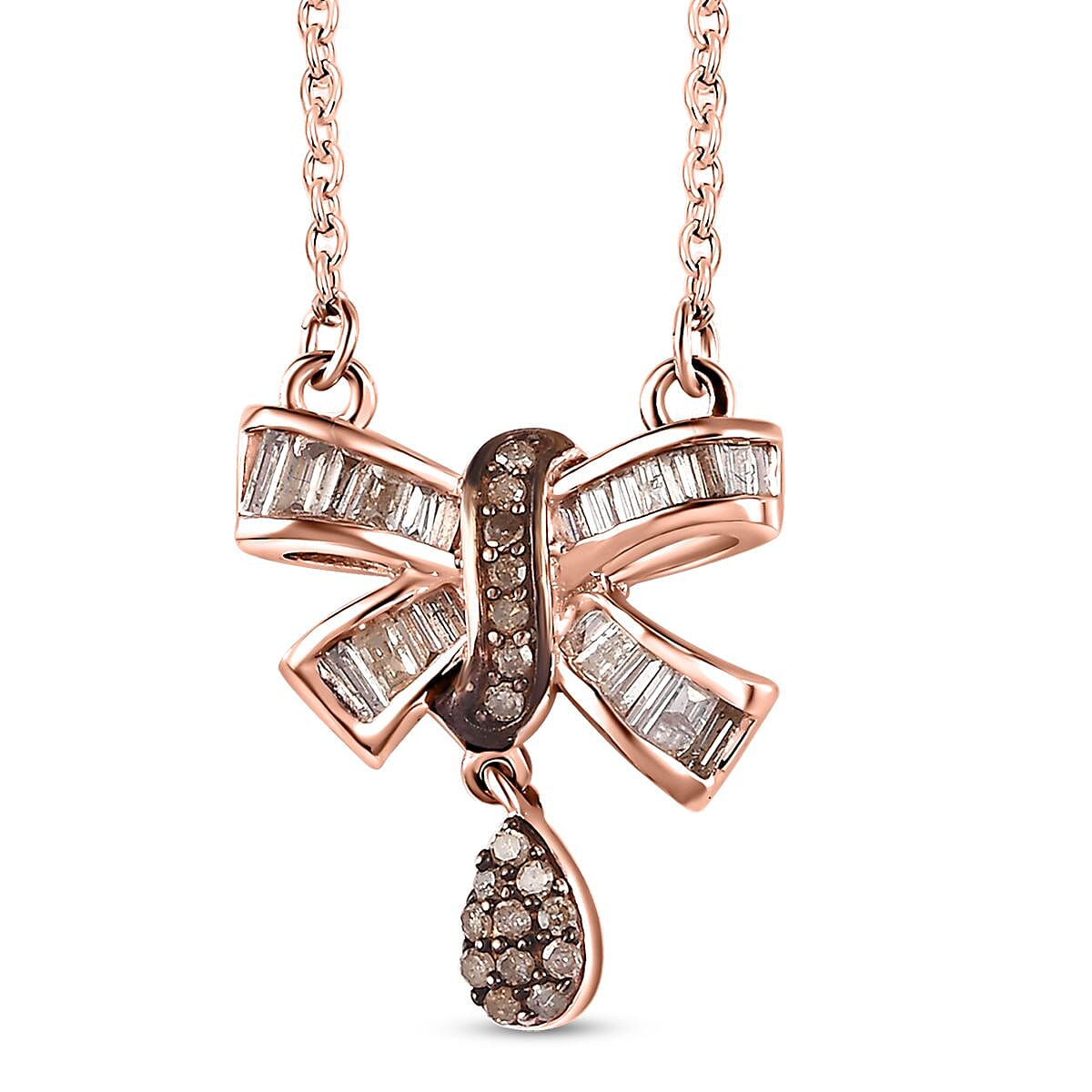 Natural Champagne Diamond Bow Necklace 18-20 Inches in Vermeil Rose Gold Over Sterling Silver 0.33 ctw