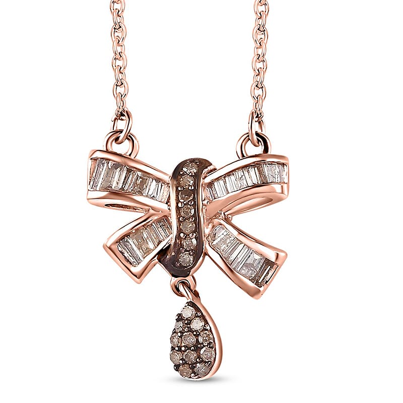 Natural Champagne Diamond Bow Necklace 18-20 Inches in Vermeil Rose Gold Over Sterling Silver 0.33 ctw