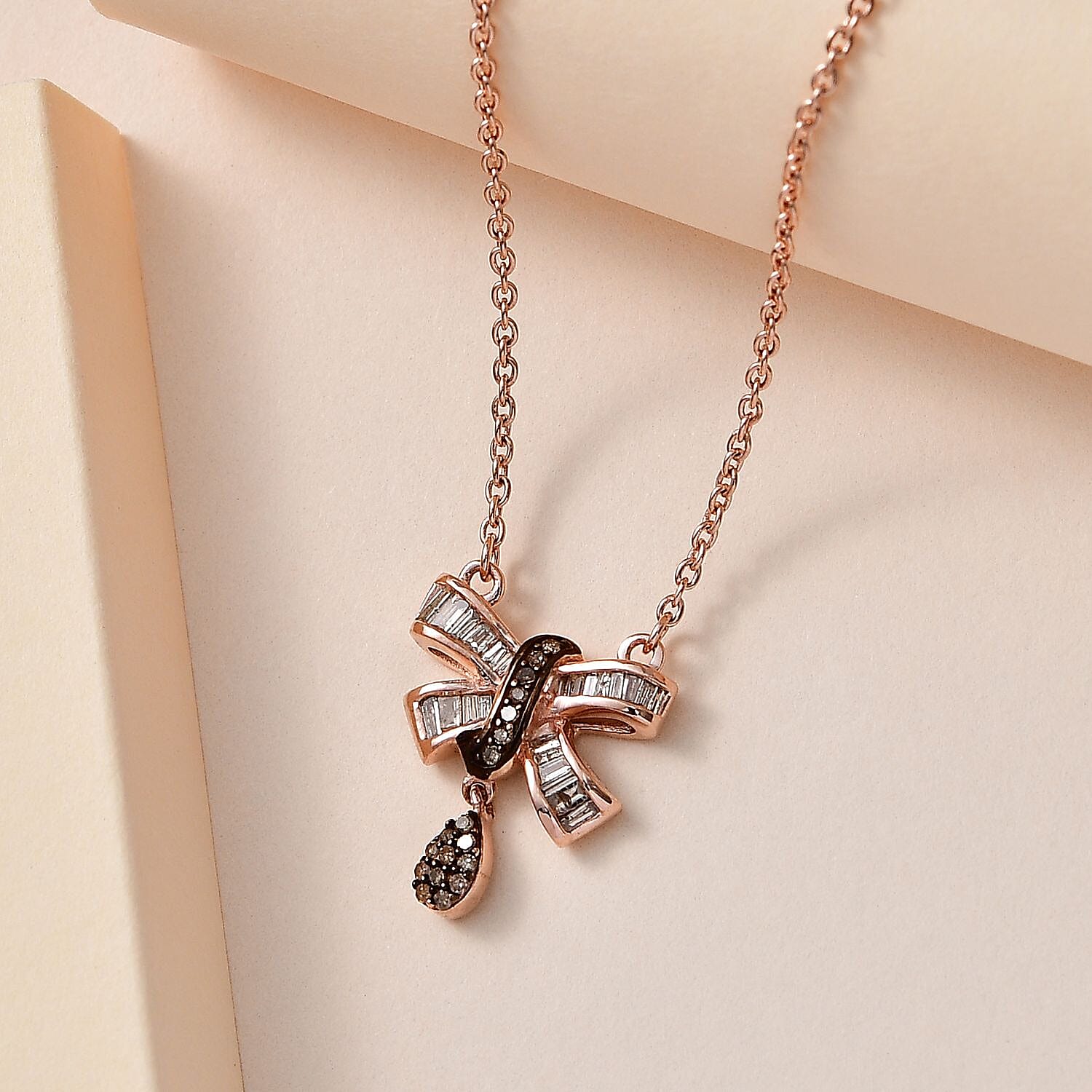 Natural Champagne Diamond Bow Necklace 18-20 Inches in Vermeil Rose Gold Over Sterling Silver 0.33 ctw