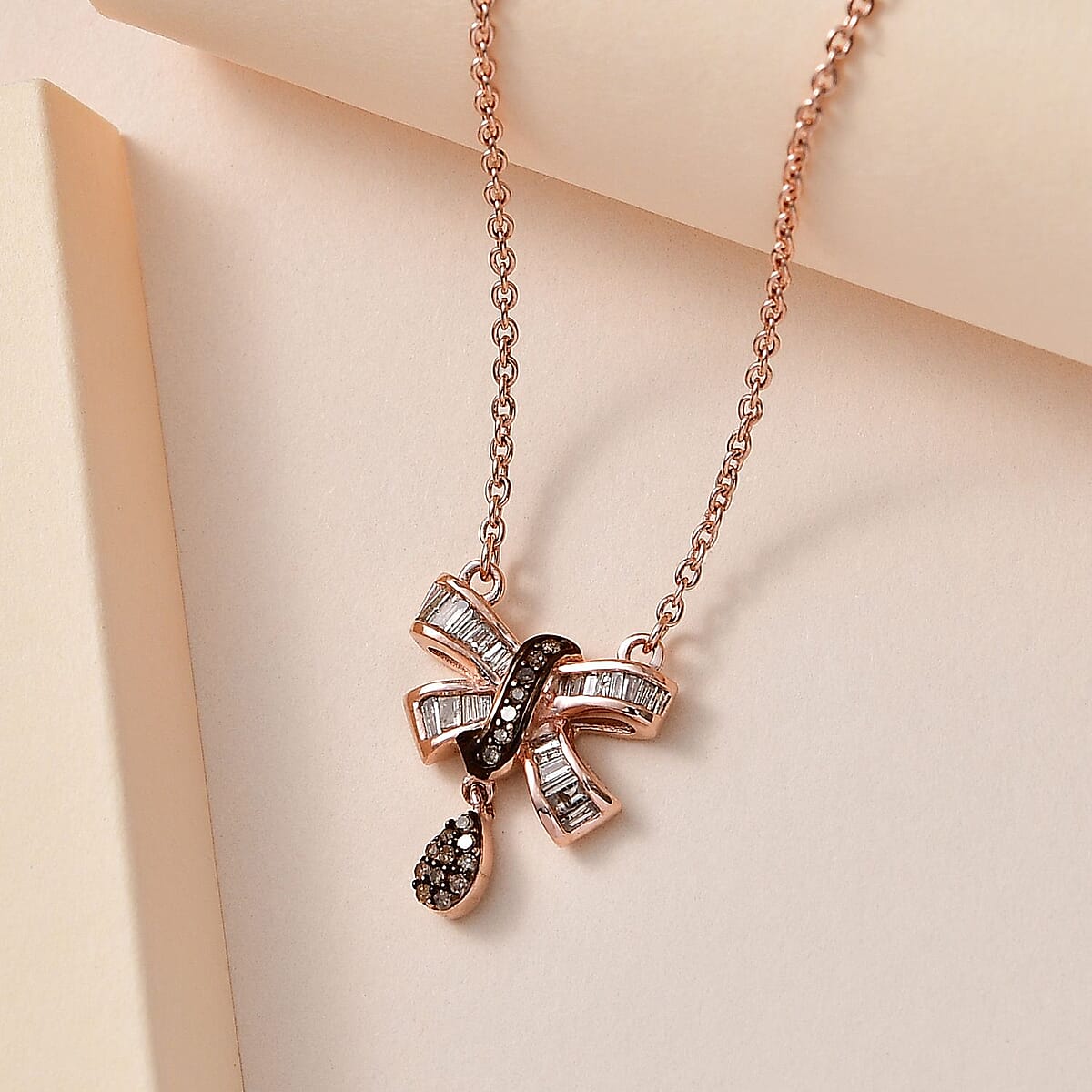 Natural Champagne Diamond Bow Necklace 18-20 Inches in Vermeil Rose Gold Over Sterling Silver 0.33 ctw image number 1