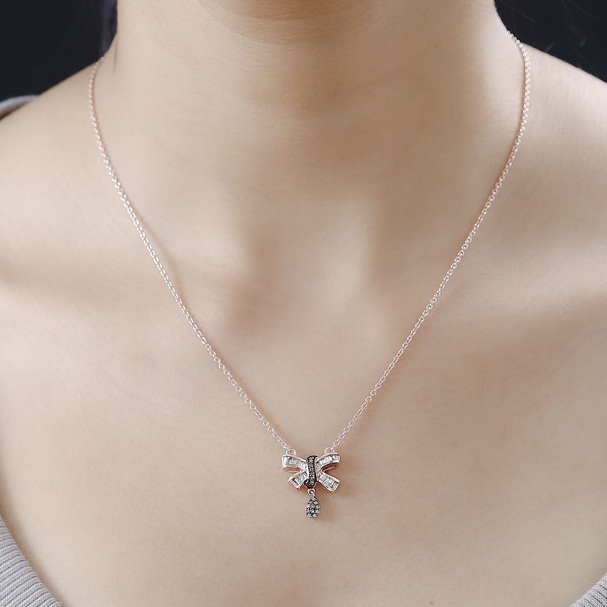 Natural Champagne Diamond Bow Necklace 18-20 Inches in Vermeil Rose Gold Over Sterling Silver 0.33 ctw image number 2