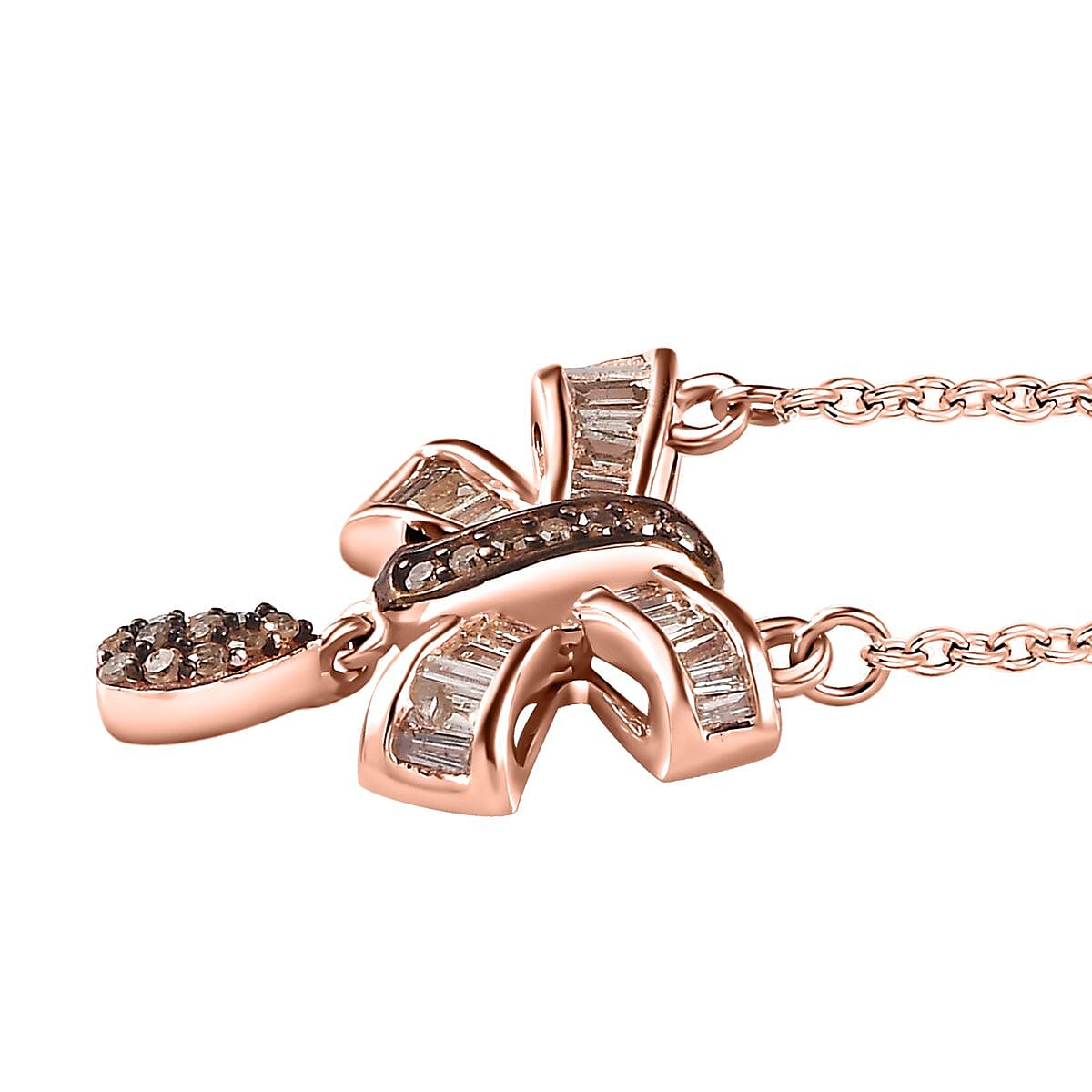 Natural Champagne Diamond Bow Necklace 18-20 Inches in Vermeil Rose Gold Over Sterling Silver 0.33 ctw