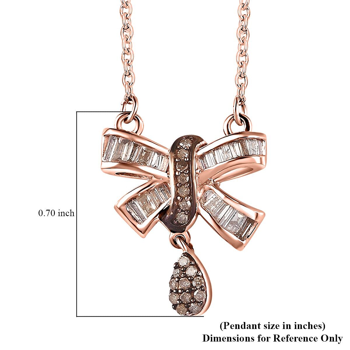 Natural Champagne Diamond Bow Necklace 18-20 Inches in Vermeil Rose Gold Over Sterling Silver 0.33 ctw