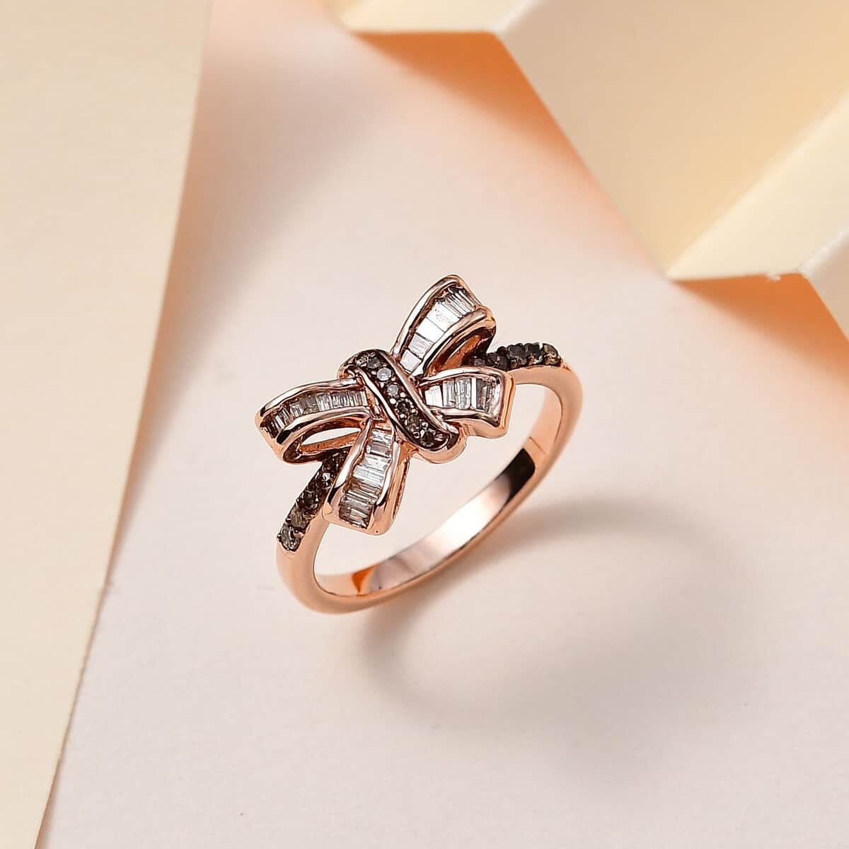 Natural Champagne Diamond Bow Ring in Vermeil Rose Gold Over Sterling Silver (Size 10.0) 0.33 ctw image number 1