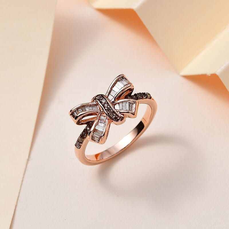 Natural Champagne Diamond Bow Ring in Vermeil Rose Gold Over Sterling Silver (Size 10.0) 0.33 ctw