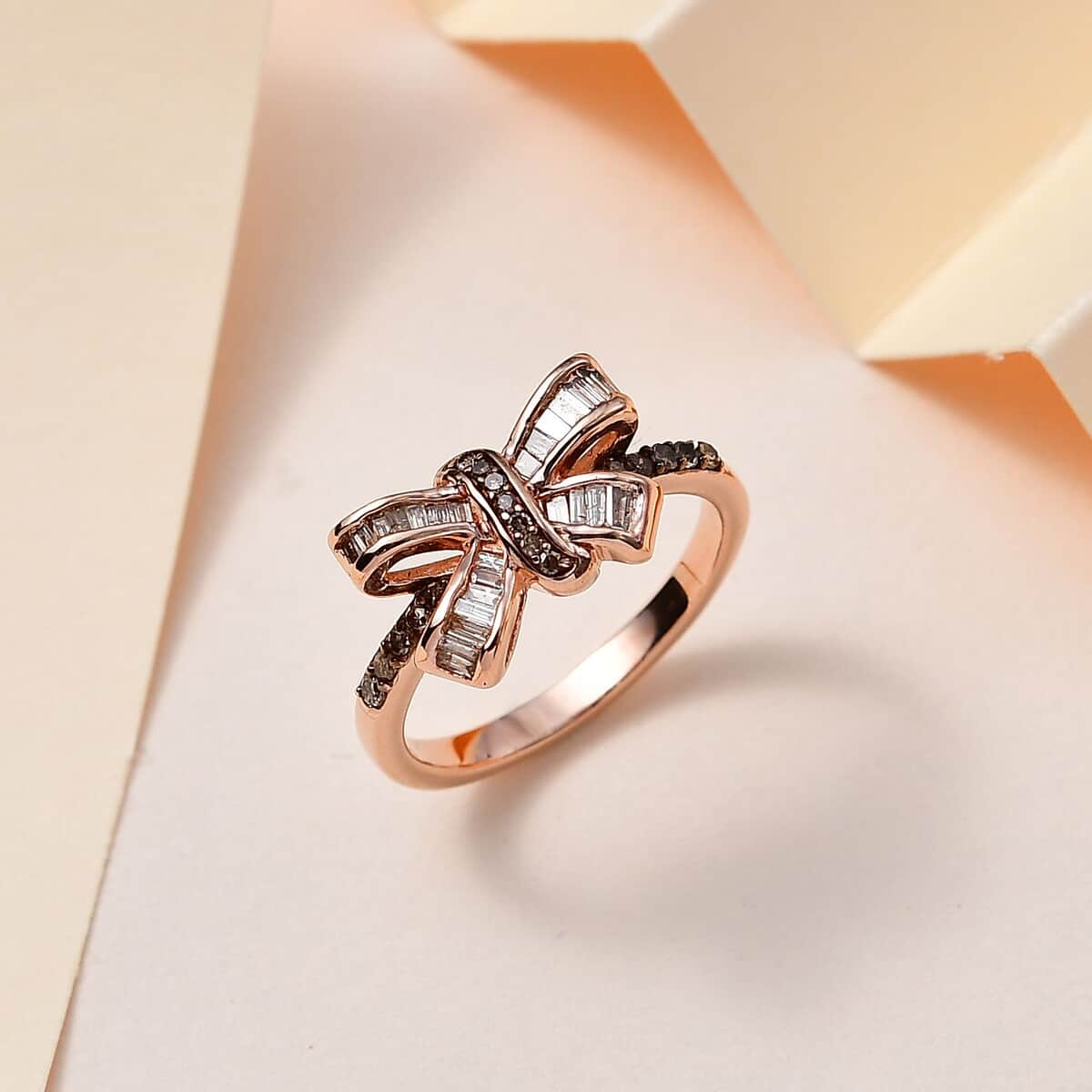 Natural Champagne Diamond Bow Ring in Vermeil Rose Gold Over Sterling Silver (Size 7.0) 0.33 ctw image number 1