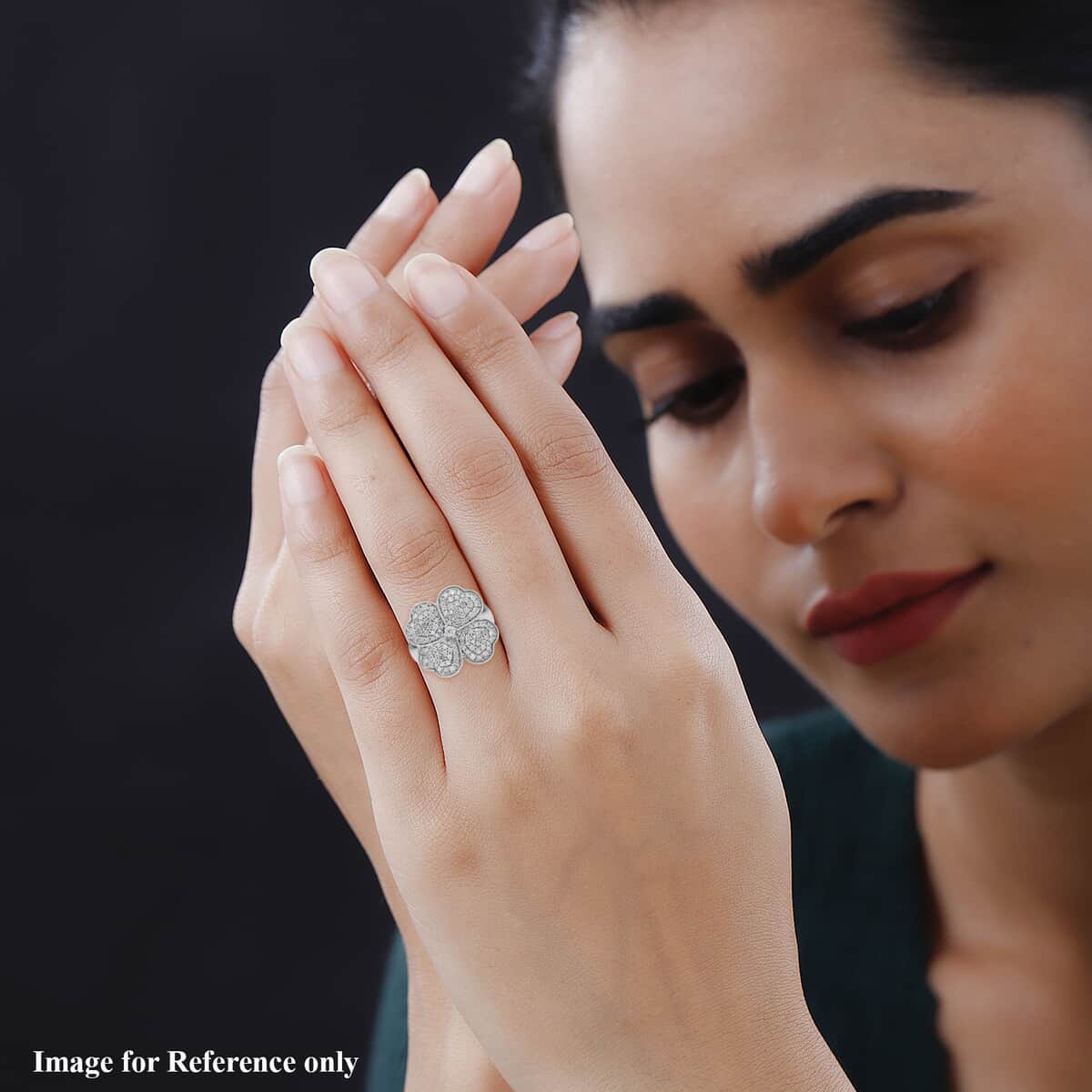 Diamond Leaf Clover Ring in Platinum Over Sterling Silver (Size 8) 1.00 ctw image number 2