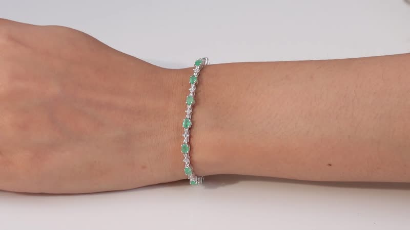 Kagem Zambian Emerald, White Zircon Bracelet in Platinum Over Sterling Silver (6.50 In) 3.75 ctw