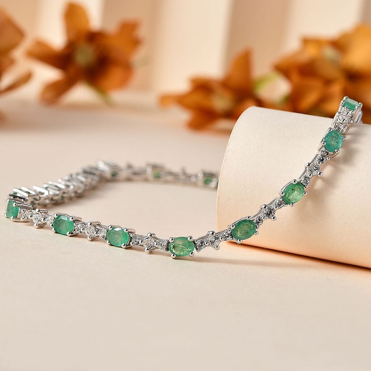 D'Joy Kagem Zambian Emerald and White Zircon Bracelet in Platinum Over Sterling Silver (7.25 In) 4.00 ctw image number 1