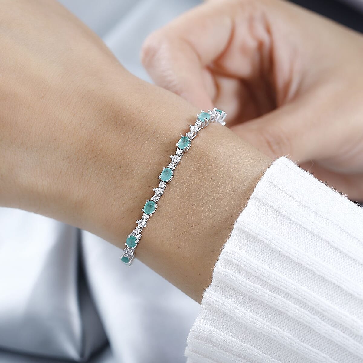 D'Joy Kagem Zambian Emerald and White Zircon Bracelet in Platinum Over Sterling Silver (7.25 In) 4.00 ctw image number 2