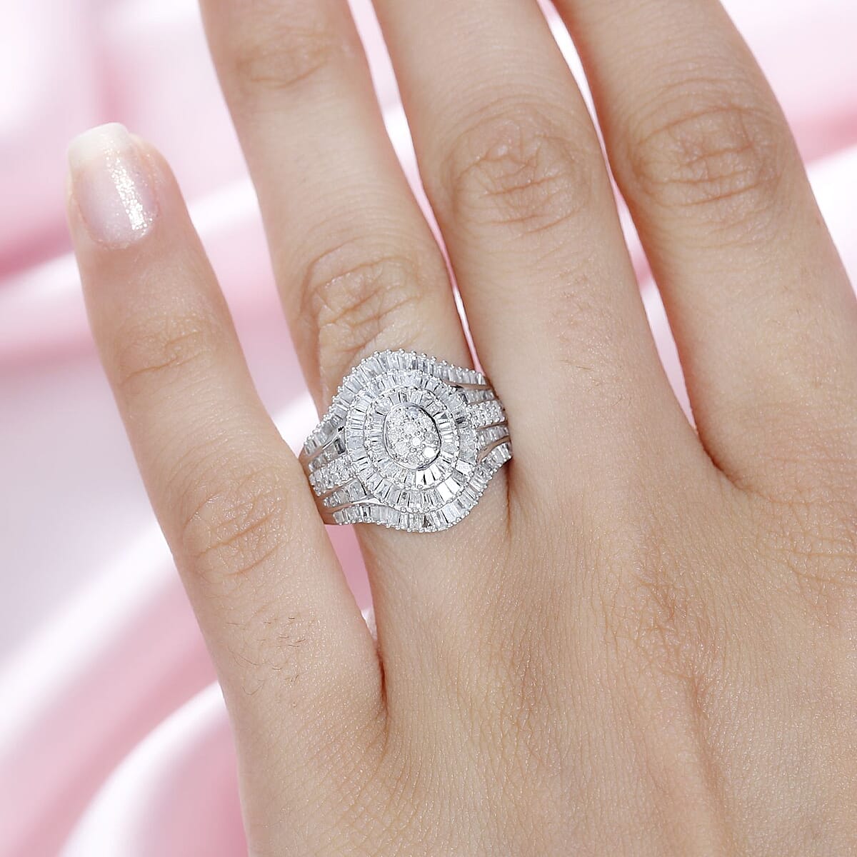 Diamond Cocktail Ring in Platinum Over Sterling Silver (Size 6.0) 1.00 ctw image number 2