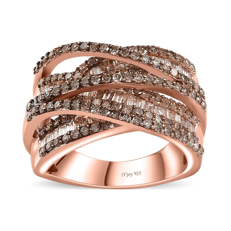 Natural Champagne Diamond Bridge Over Ring in Vermeil Rose Gold Over Sterling Silver (Size 10.0) 1.50 ctw