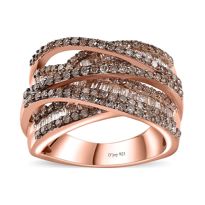 Natural Champagne Diamond Bridge Over Ring in Vermeil Rose Gold Over Sterling Silver (Size 10.0) 1.50 ctw