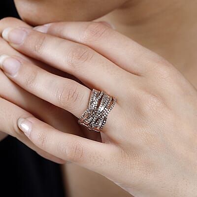 Natural Champagne Diamond Bridge Over Ring in Vermeil Rose Gold Over Sterling Silver (Size 10.0) 1.50 ctw