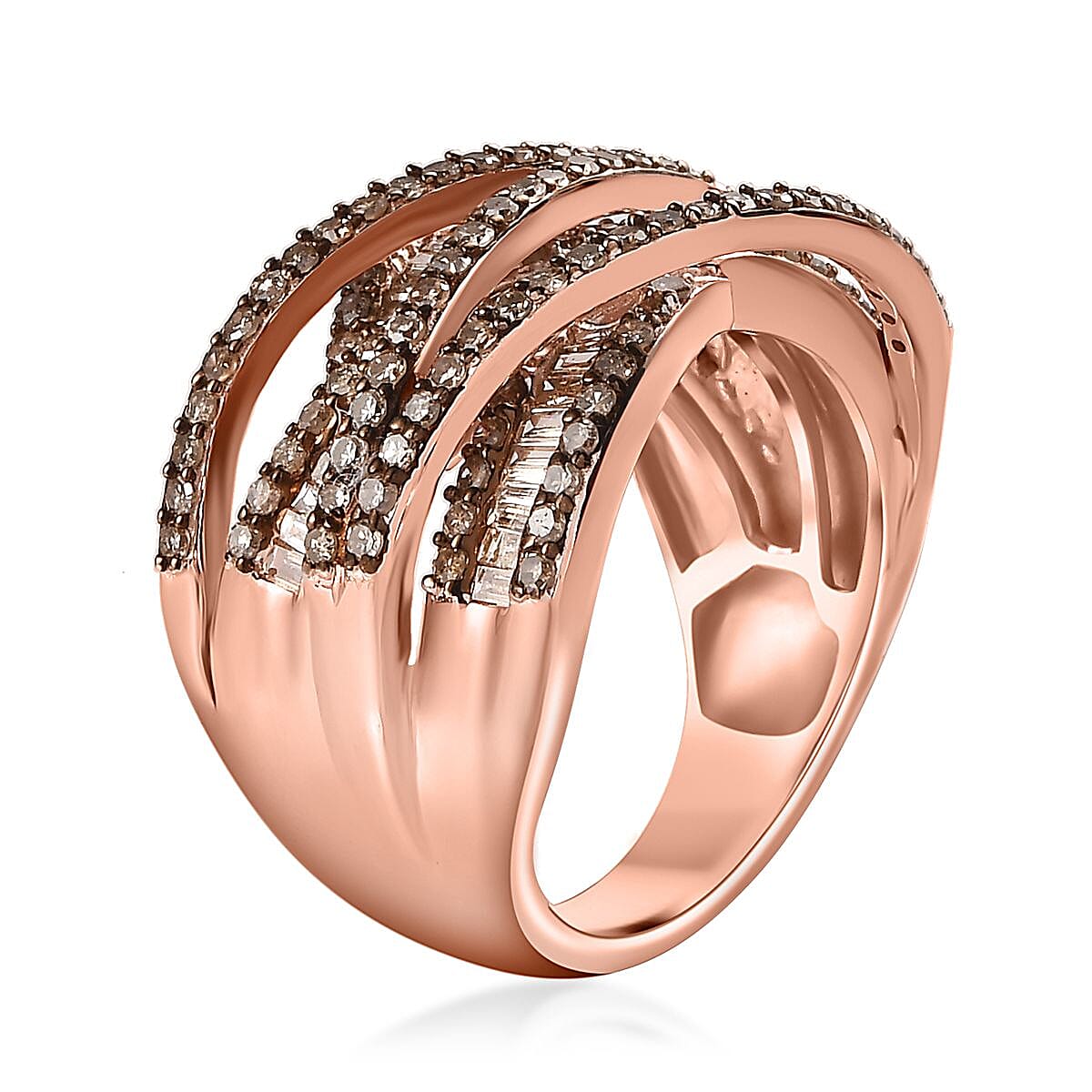 Natural Champagne Diamond Bridge Over Ring in Vermeil Rose Gold Over Sterling Silver (Size 10.0) 1.50 ctw