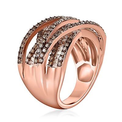 Natural Champagne Diamond Bridge Over Ring in Vermeil Rose Gold Over Sterling Silver (Size 10.0) 1.50 ctw