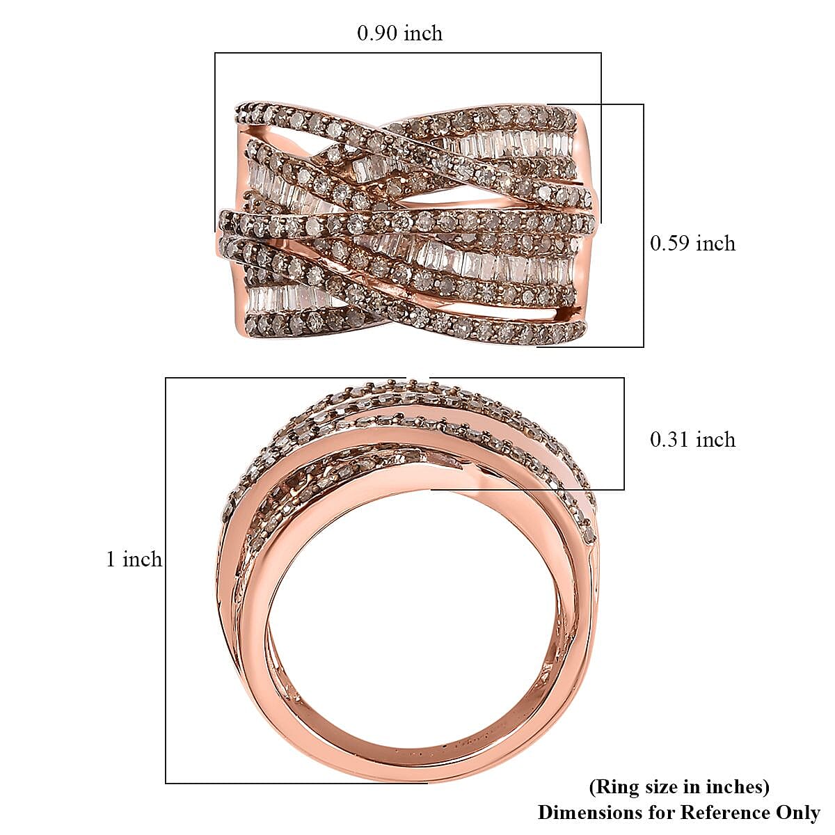 Natural Champagne Diamond Bridge Over Ring in Vermeil Rose Gold Over Sterling Silver (Size 10.0) 1.50 ctw