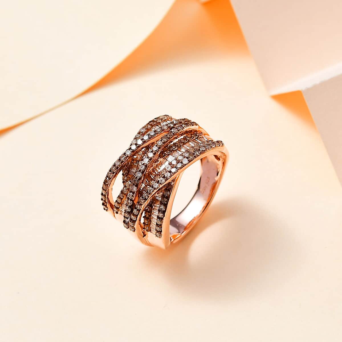 Natural Champagne Diamond Bridge Over Ring in Vermeil Rose Gold Over Sterling Silver (Size 6.0) 1.50 ctw image number 1