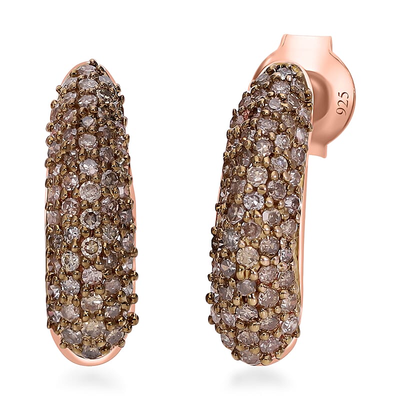 Natural Champagne Diamond J-Hoop Earrings in Vermeil Rose Gold Over Sterling Silver 0.50 ctw