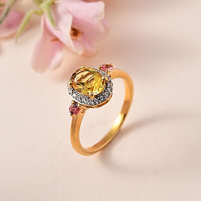 Brazilian Heliodor and Multi Gemstone Halo Ring in Vermeil Yellow Gold Over Sterling Silver (Size 10.0) 1.50 ctw (Del. in 10-12 Days)