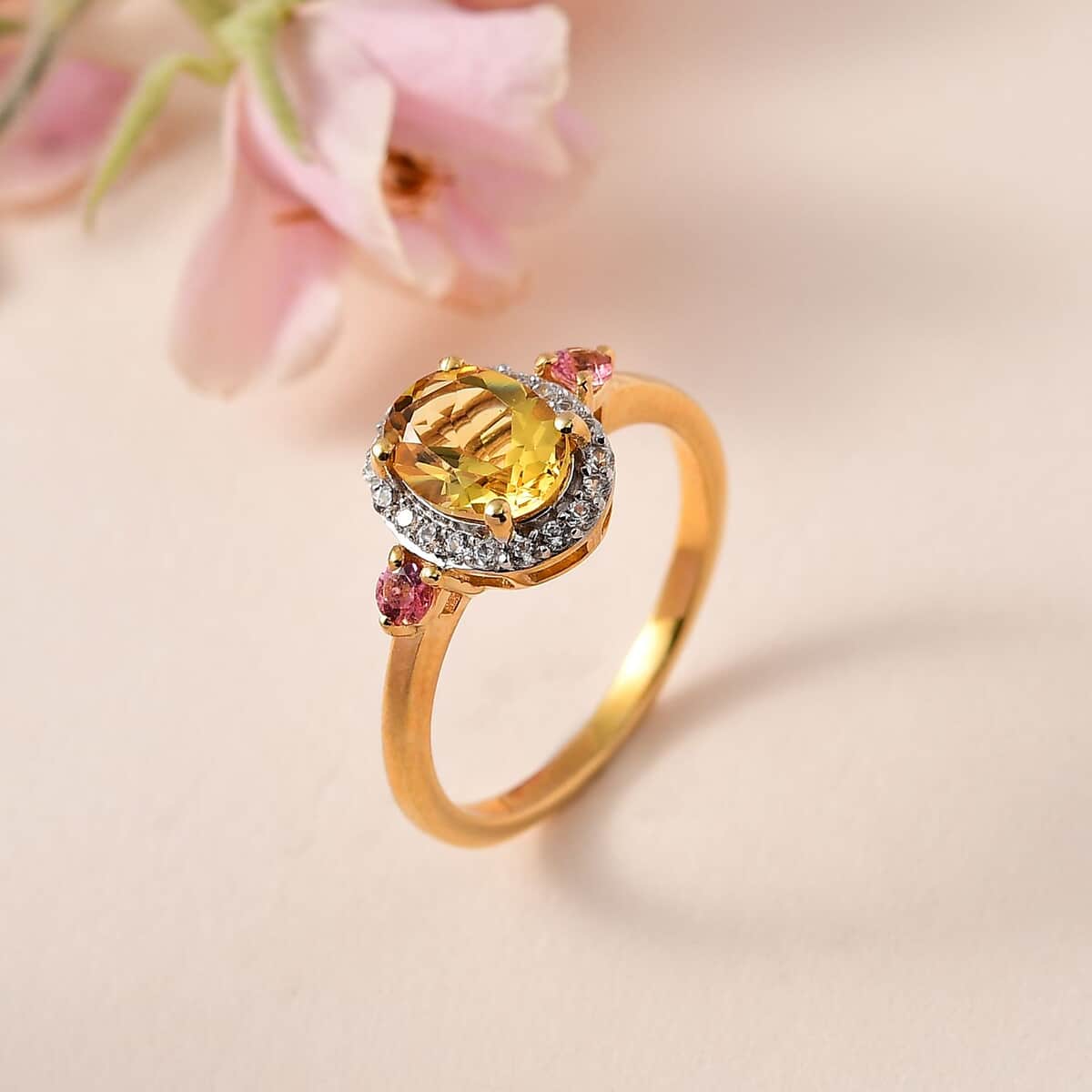 Brazilian Heliodor and Multi Gemstone Halo Ring in Vermeil Yellow Gold Over Sterling Silver (Size 10.0) 1.50 ctw (Del. in 10-12 Days) image number 1