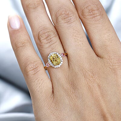 Brazilian Heliodor and Multi Gemstone Halo Ring in Vermeil Yellow Gold Over Sterling Silver (Size 10.0) 1.50 ctw (Del. in 10-12 Days)
