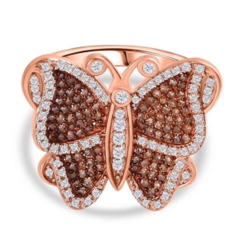 GP Natural Champagne and White Diamond 0.75 ctw Fancy Ring in Vermeil Rose Gold Over Sterling Silver (Size 10.0) (5.58 g)
