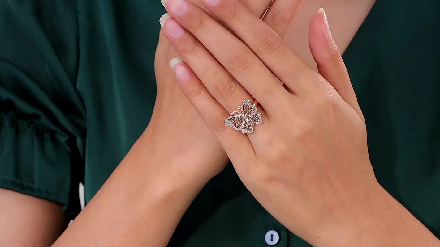 GP Natural Champagne and White Diamond 0.75 ctw Fancy Ring in Vermeil Rose Gold Over Sterling Silver (Size 10.0) (5.58 g)