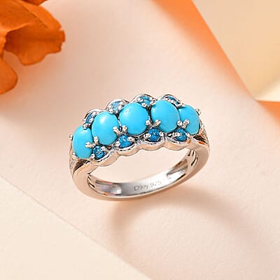 Sleeping Beauty Turquoise and Multi Gemstone Ring in Platinum Over Sterling Silver (Size 10.0) 1.85 ctw