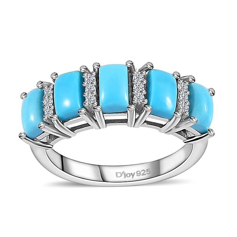 Sleeping Beauty Turquoise and White Zircon Ring in Platinum Over Sterling Silver (Size 10.0) 1.85 ctw