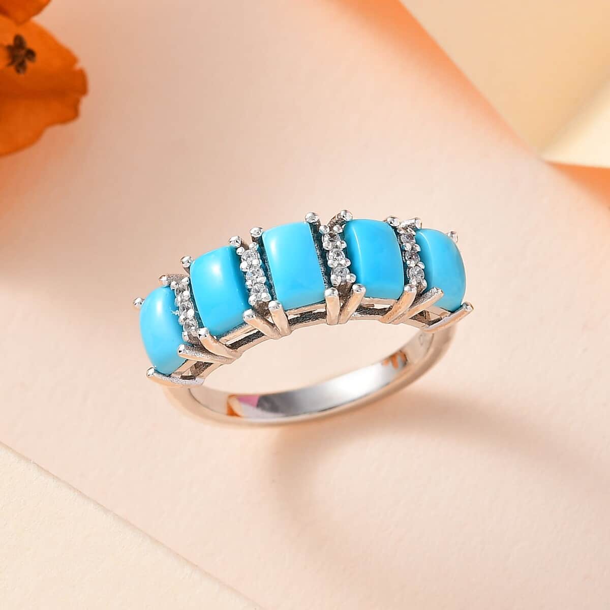 Sleeping Beauty Turquoise and White Zircon Ring in Platinum Over Sterling Silver (Size 10.0) 1.85 ctw image number 1