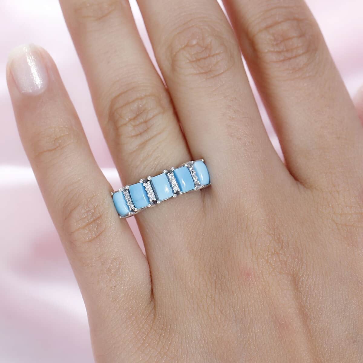 Sleeping Beauty Turquoise and White Zircon Ring in Platinum Over Sterling Silver (Size 10.0) 1.85 ctw image number 2