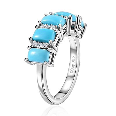 Sleeping Beauty Turquoise and White Zircon Ring in Platinum Over Sterling Silver (Size 10.0) 1.85 ctw