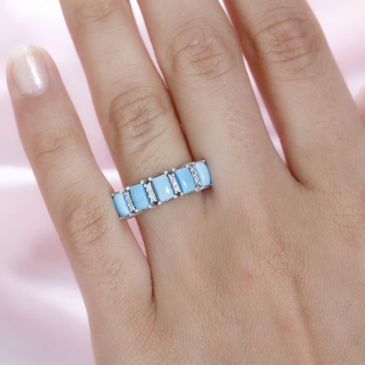 Sleeping Beauty Turquoise and White Zircon Ring in Platinum Over Sterling Silver (Size 5.0) 1.85 ctw image number 2