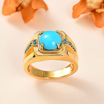 Sleeping Beauty Turquoise and Malgache Neon Apatite Men's Ring in Vermeil Yellow Gold Over Sterling Silver (Size 10.0) 2.40 ctw