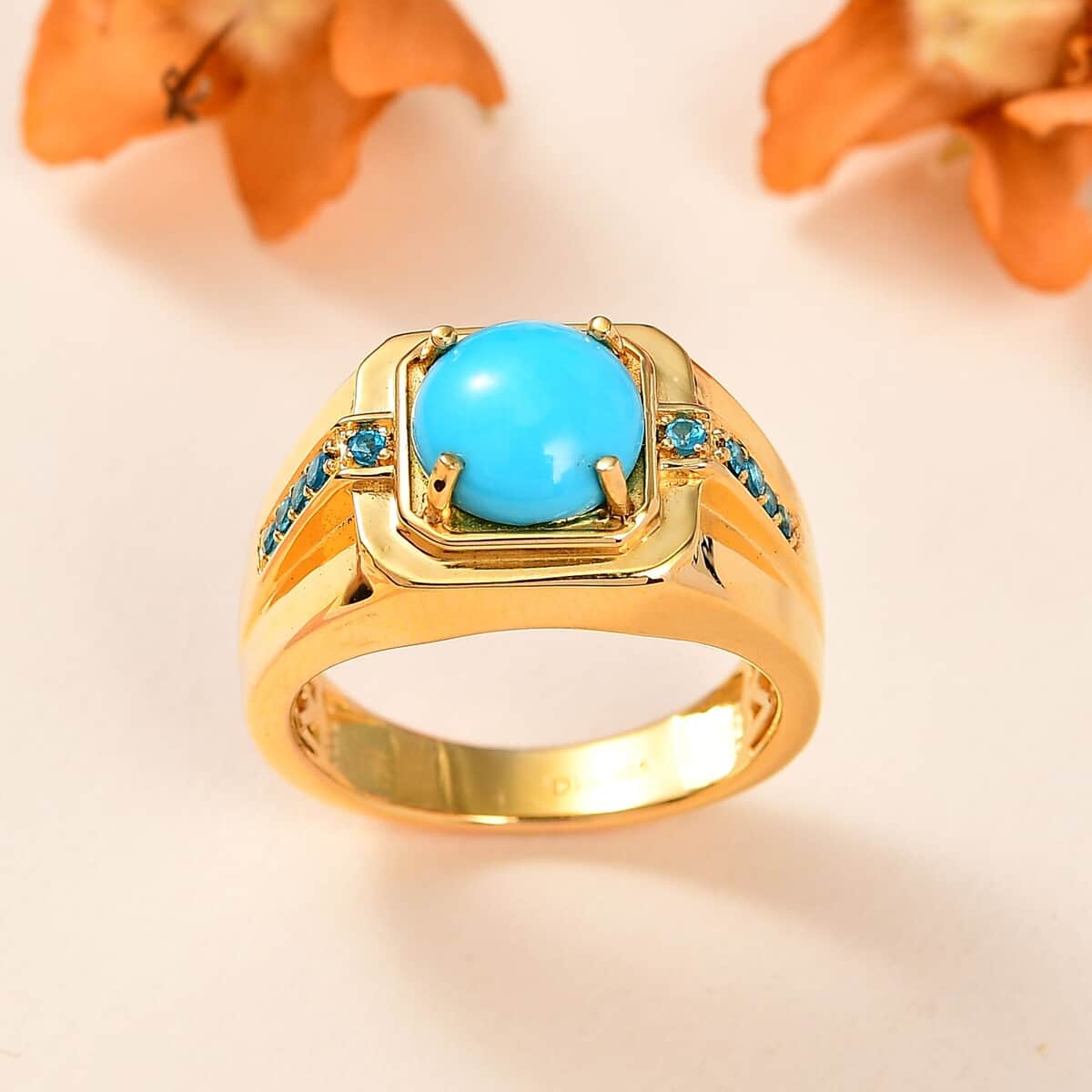 Sleeping Beauty Turquoise and Malgache Neon Apatite Men's Ring in Vermeil Yellow Gold Over Sterling Silver (Size 10.0) 2.40 ctw image number 1