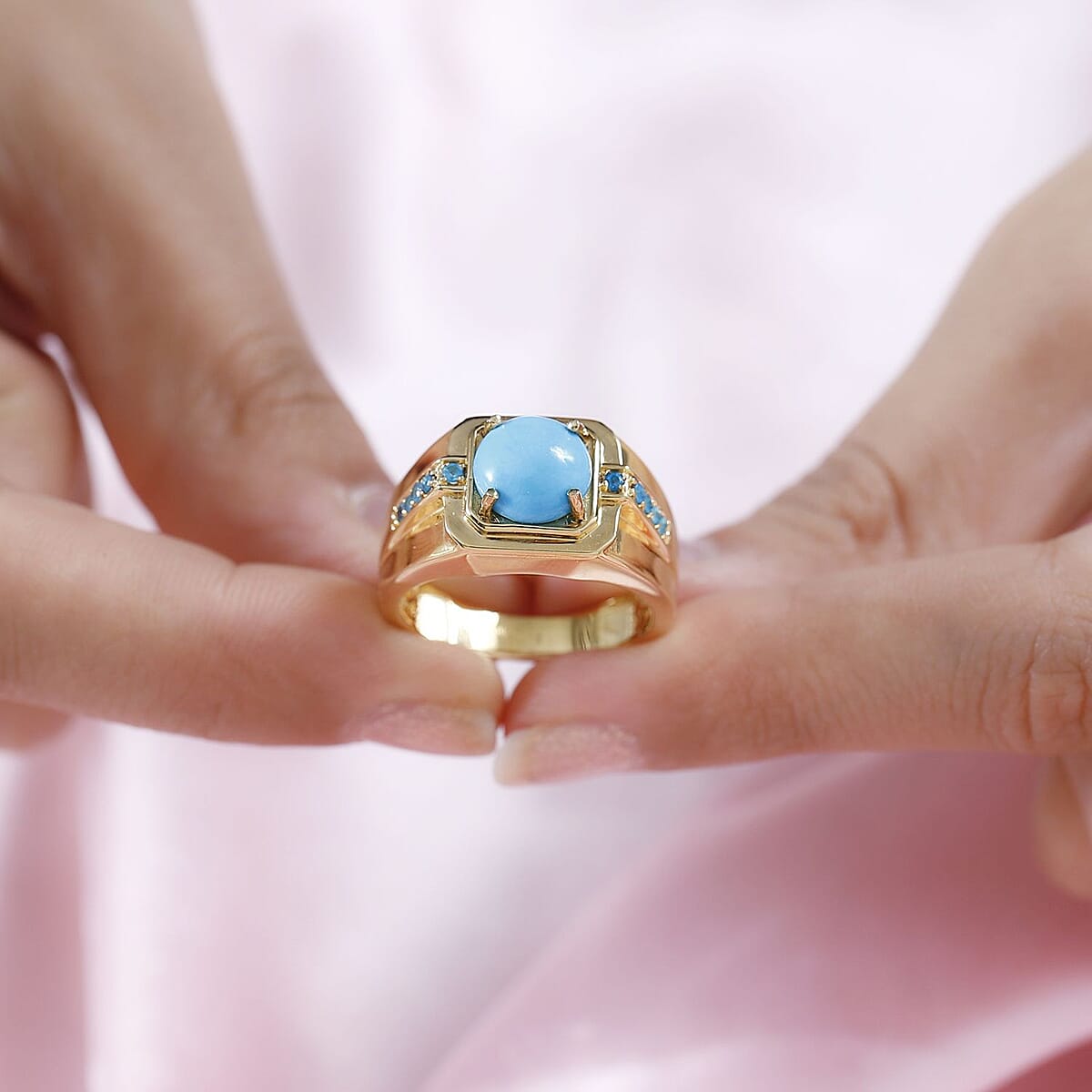 Sleeping Beauty Turquoise and Malgache Neon Apatite Men's Ring in Vermeil Yellow Gold Over Sterling Silver (Size 12.0) 2.40 ctw image number 2